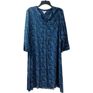 PUREJILL Abstract Flowy Midi Dress SIZE Medium Blue Shift V-neck 3/4 Sleeves